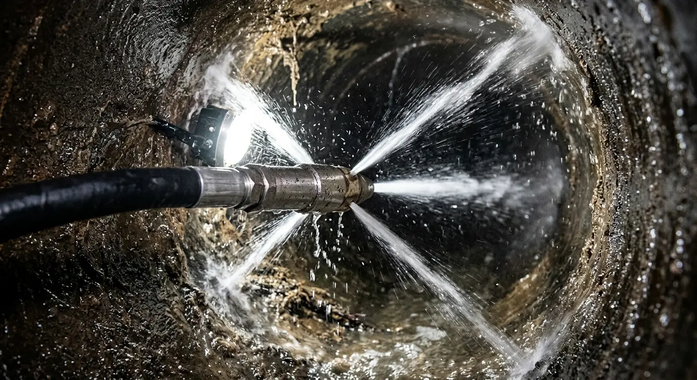 High-pressure hydro jetting nozzle cleaning sewer pipe for Emergency Drain Service in Madison
