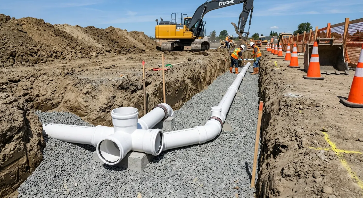 New PVC sewer pipe installation in open trench for Sewer Backup in Madison