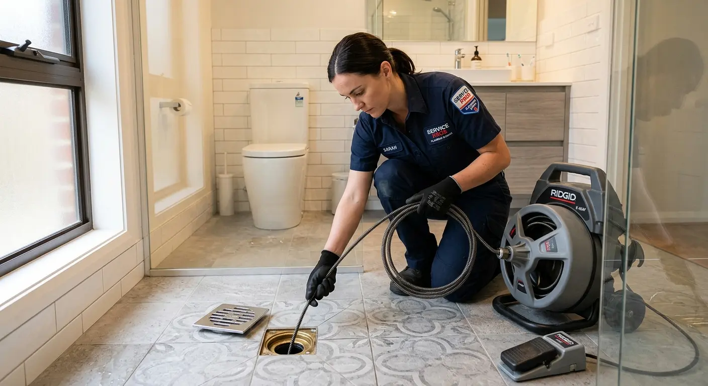 Technician clearing a bathroom floor drain for Drain Cleaning in Madison